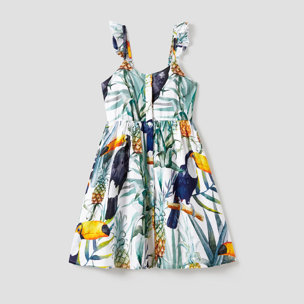 Family Matching T-Shirt and Floral Button Up Strap Dress