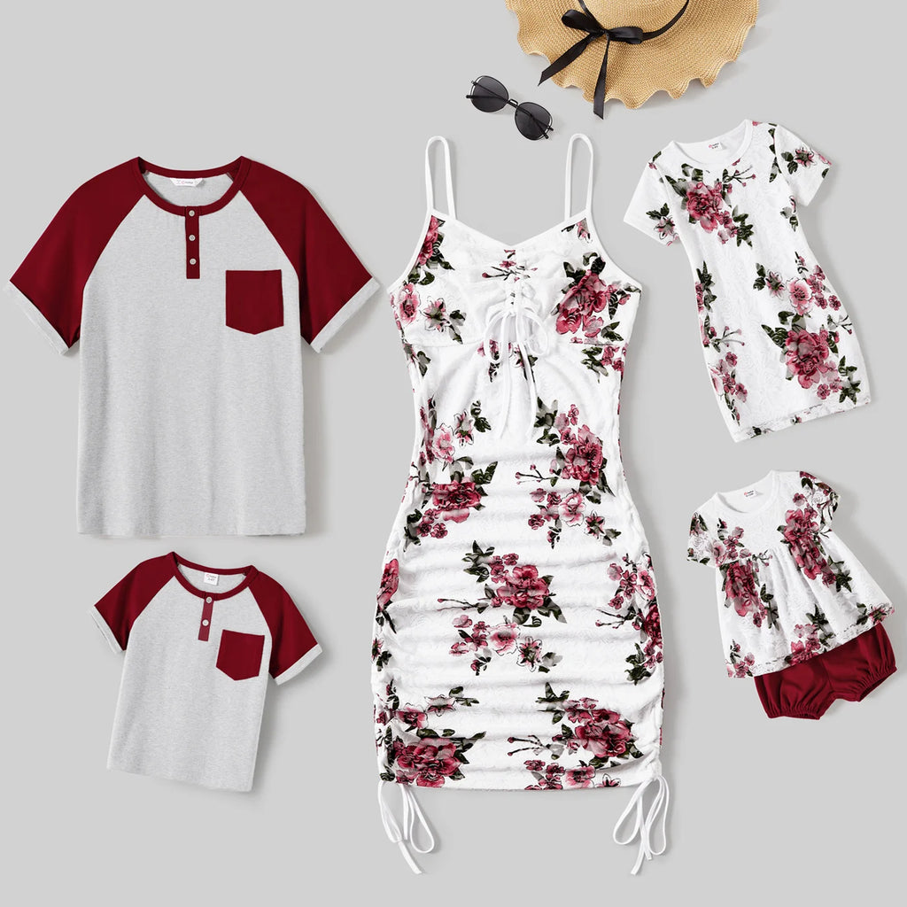 Matching Raglan T-shirts and Floral Drawstring Ruched Bodycon Dresses