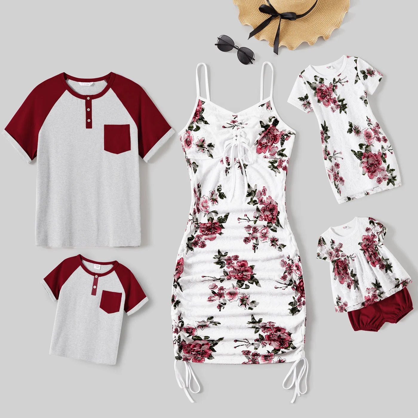 Matching Raglan T-shirts and Floral Drawstring Ruched Bodycon Dresses