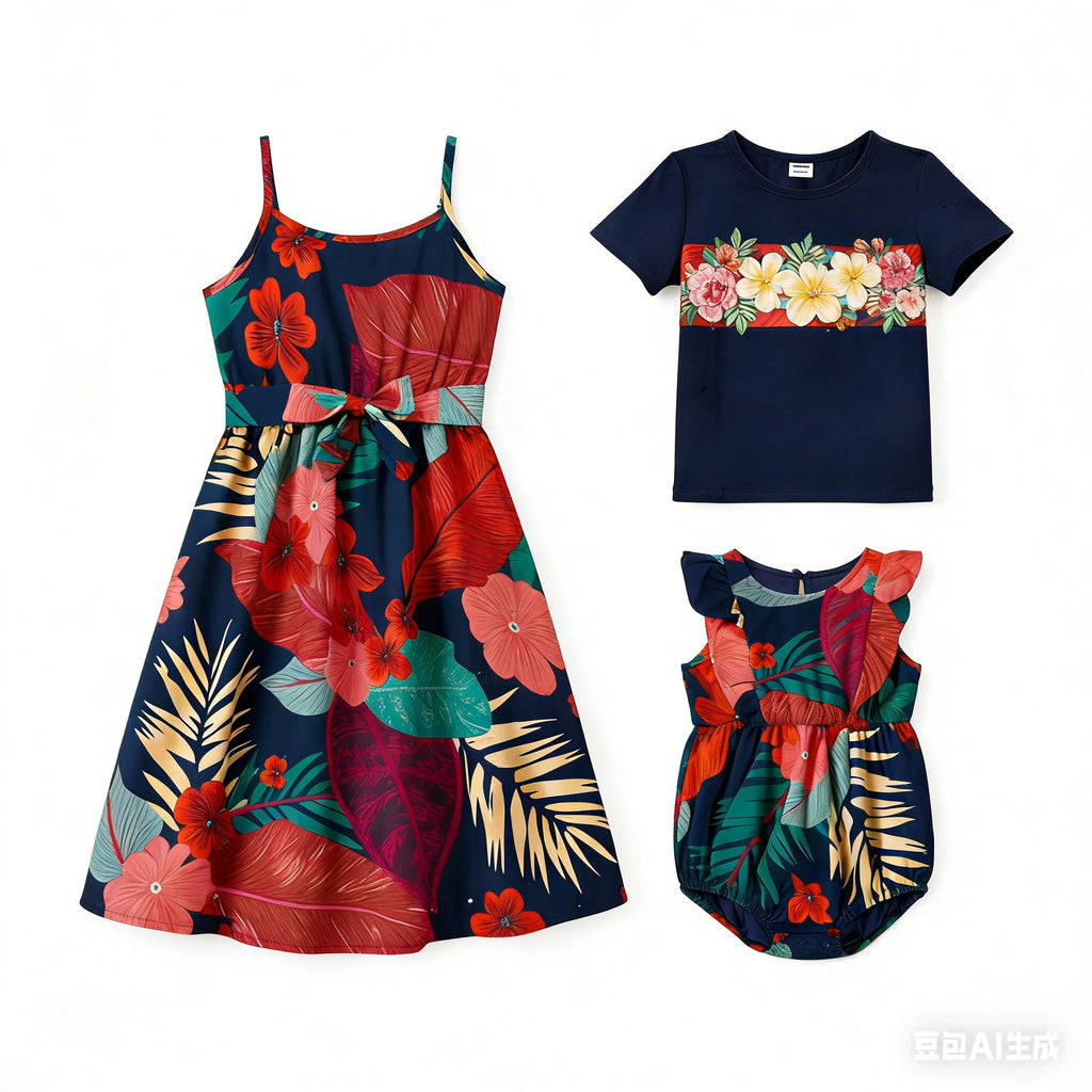 Family Matching Floral Black tee and V-neck Strap Dress