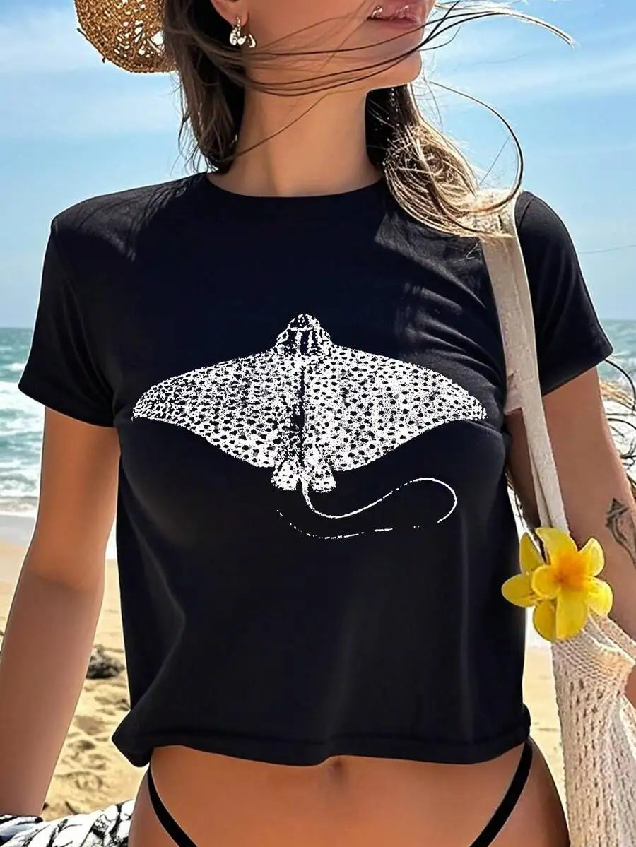 Women's Blue Manta Ray Graphic Tee Beach Wear