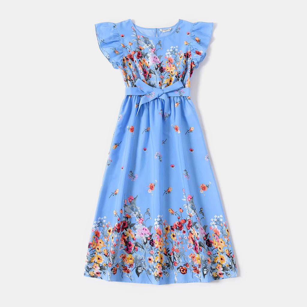 Matching Floral Print Midi Dresses and Striped Short-sleeve shirt Sets
