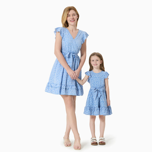 100% Cotton Matching Mother-Daughter Dot Print Ruffle Wrap Dress Set