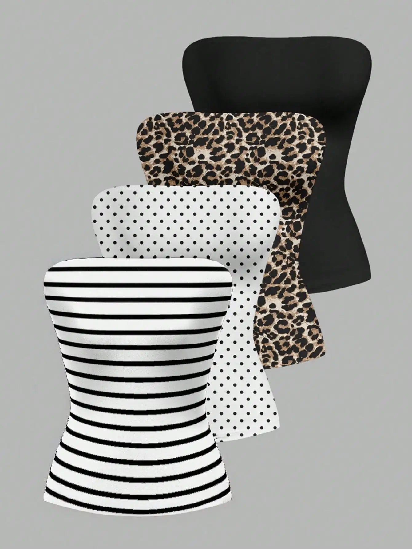 4-Pack Women's Strapless Tube Tops - Striped, Polka Dot, Leopard, Solid Black
