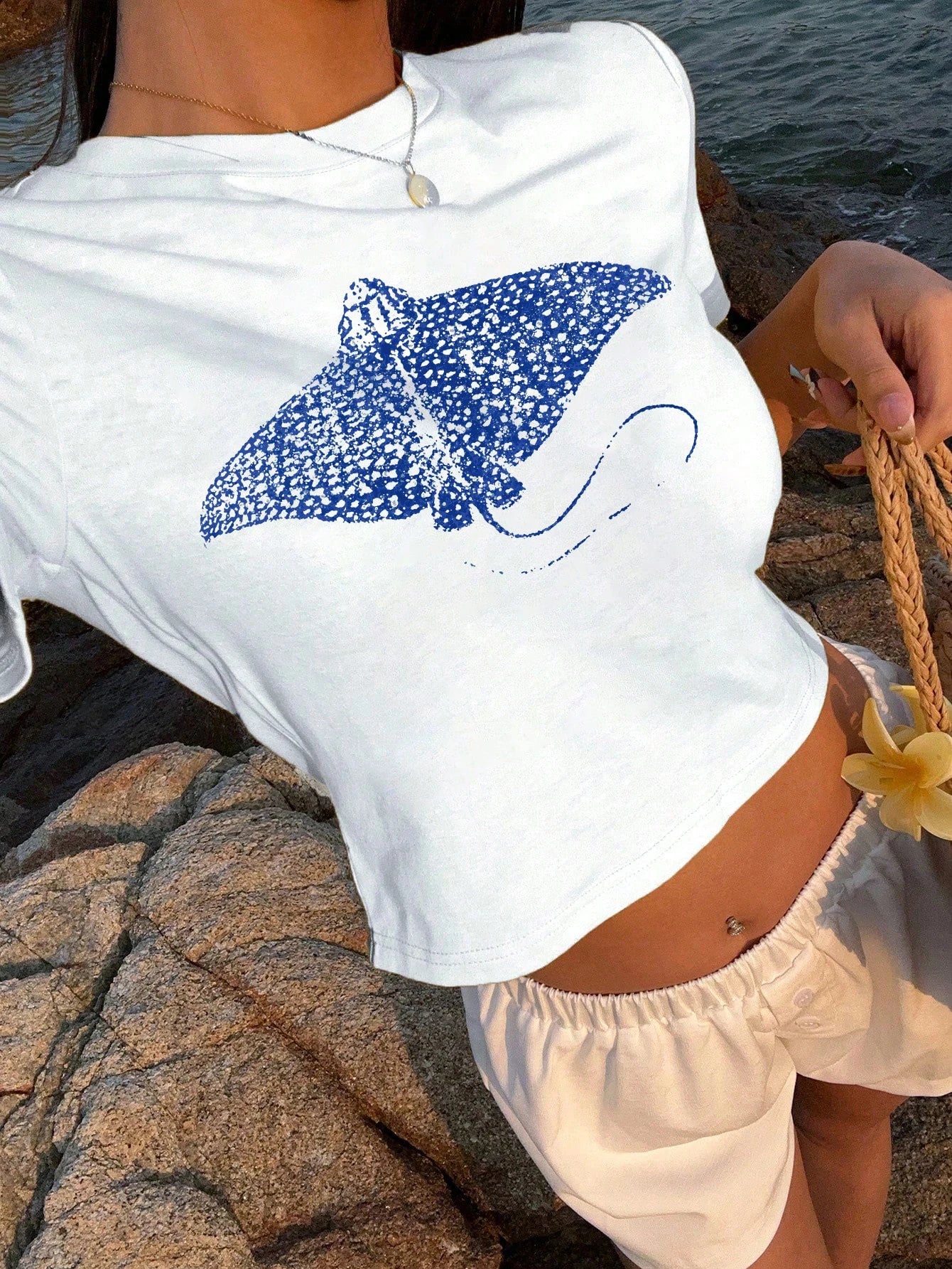 Women's Blue Manta Ray Graphic Tee Beach Wear