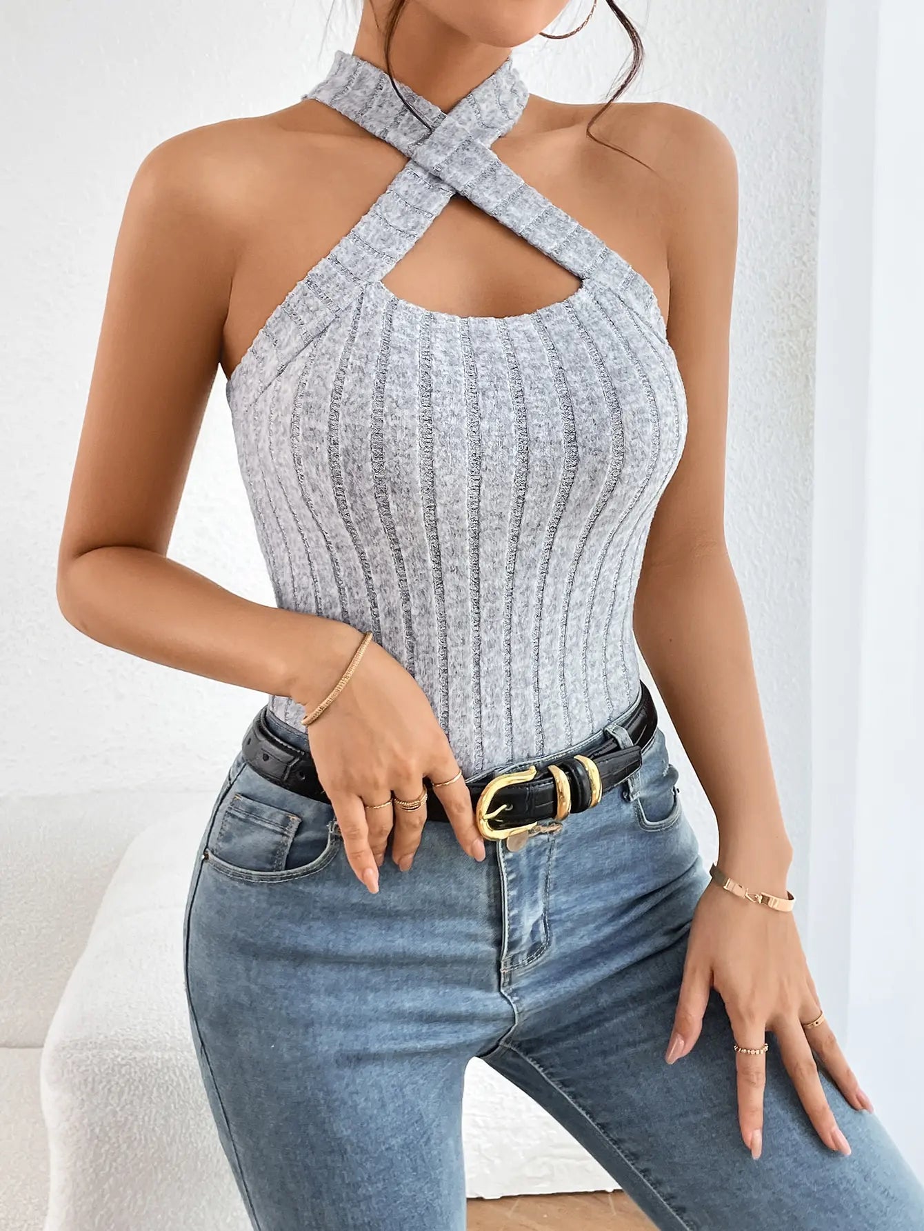 Women's Knitted Halter Top with Cross Straps
