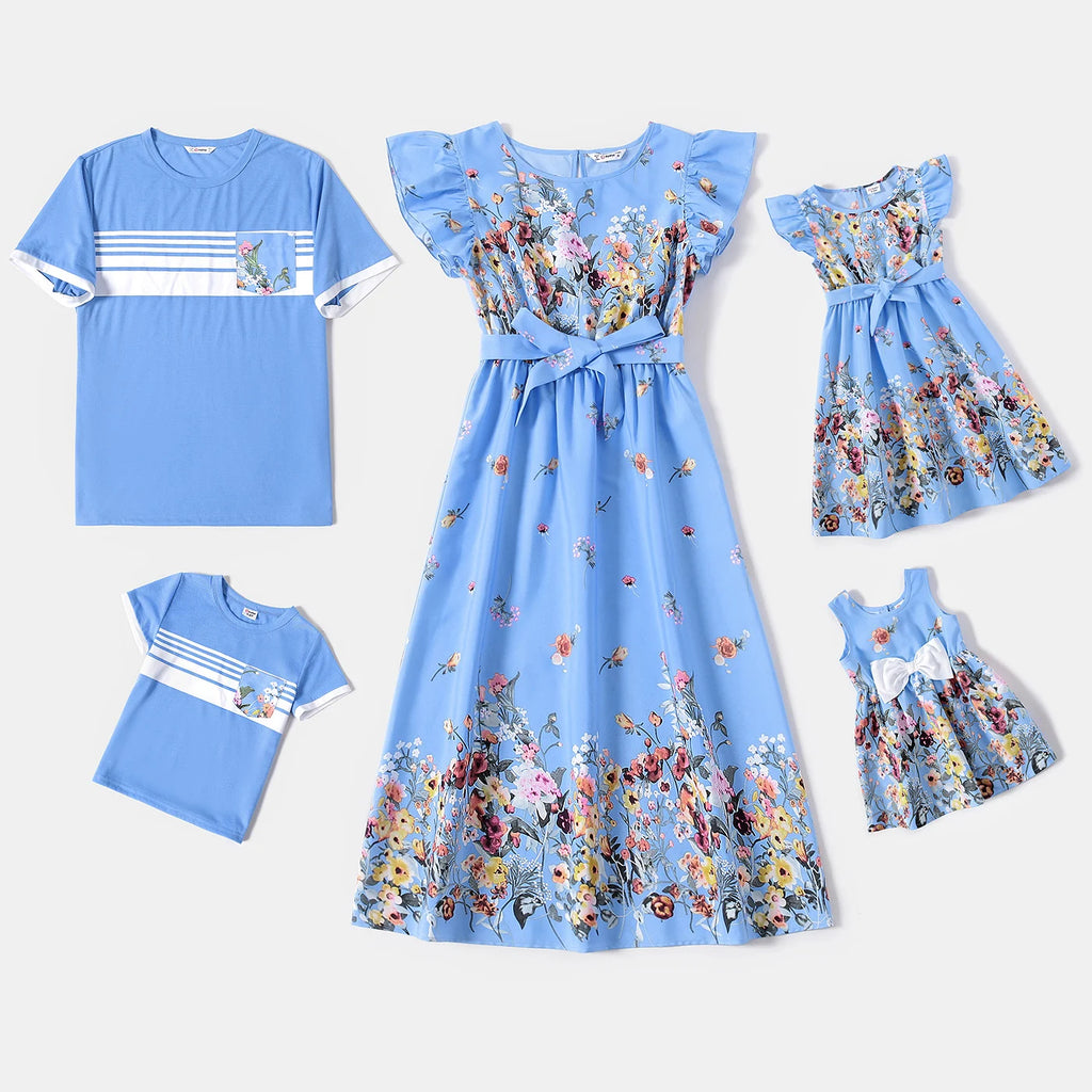 Matching Floral Print Midi Dresses and Striped Short-sleeve shirt Sets