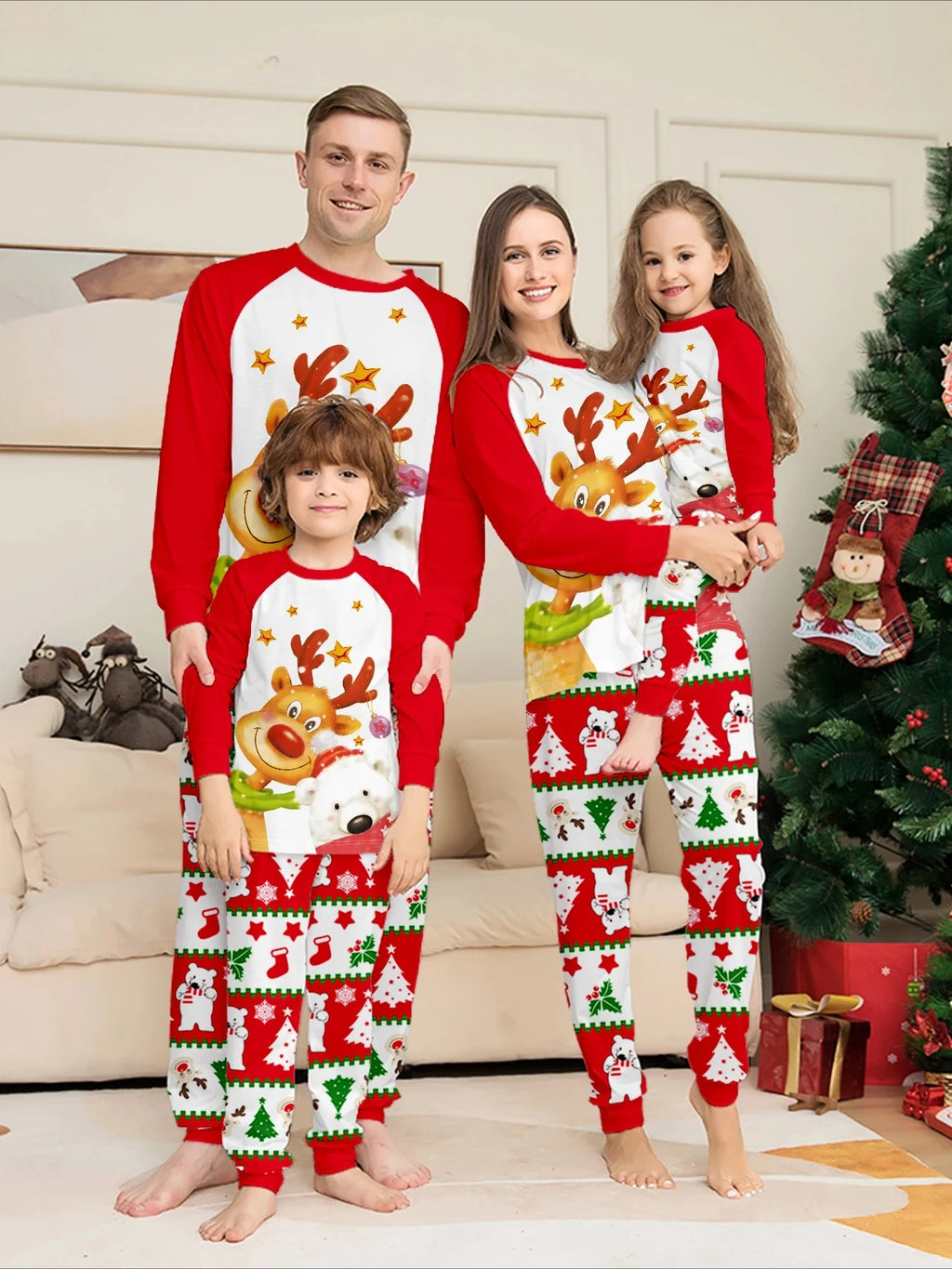 Christmas Family Matching Pajamas Set with Reindeer & Polar Bear Prints