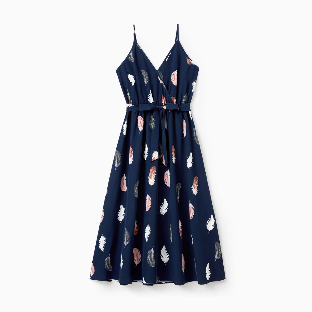 Matching Feather Print Belted Cami Dresses and Short-sleeve Tee Sets