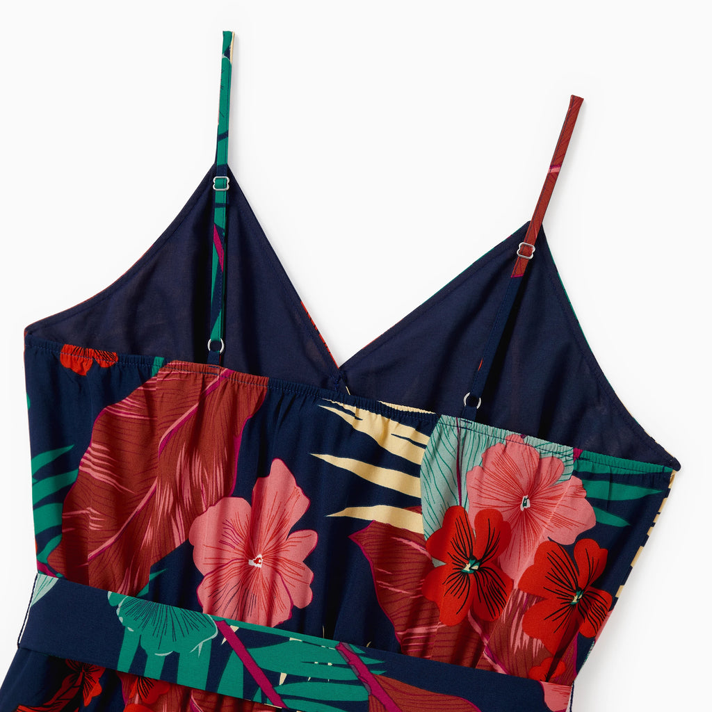 Family Matching Floral Black tee and V-neck Strap Dress