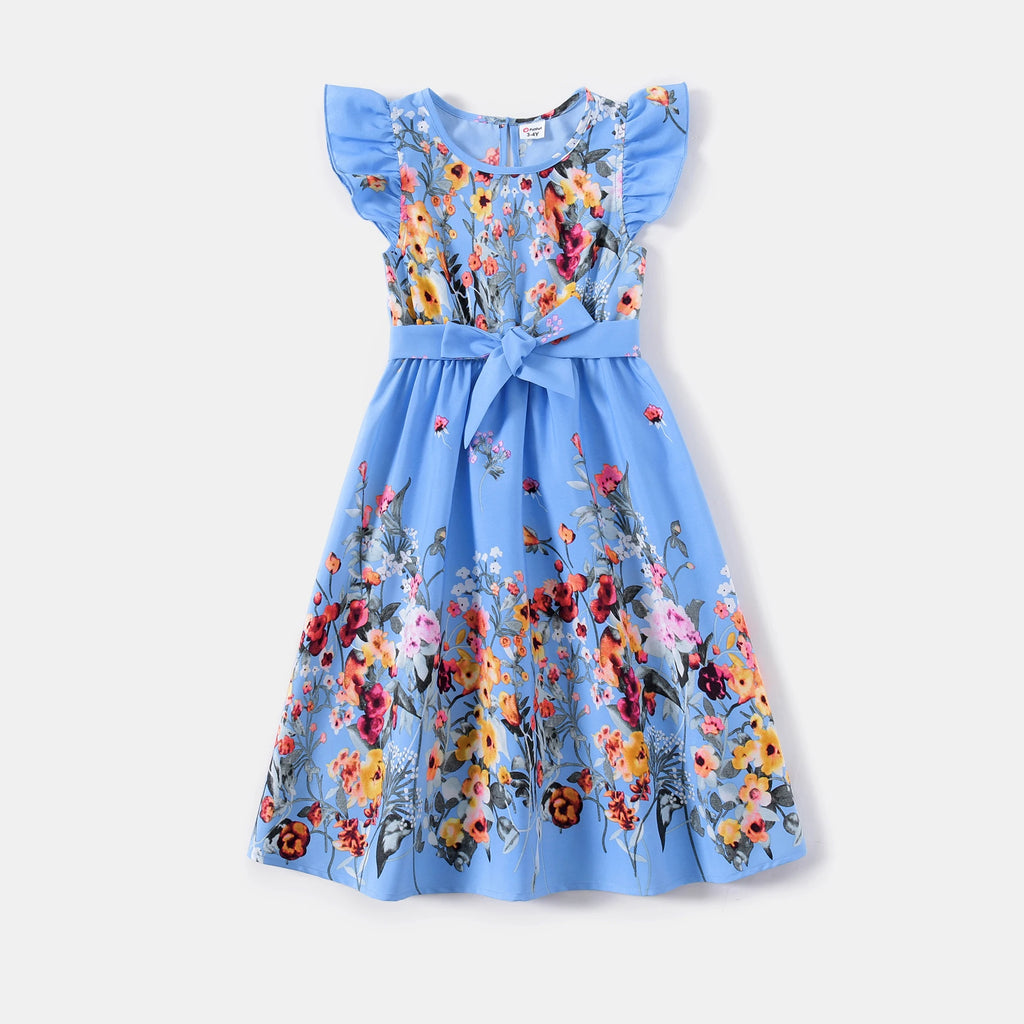 Matching Floral Print Midi Dresses and Striped Short-sleeve shirt Sets