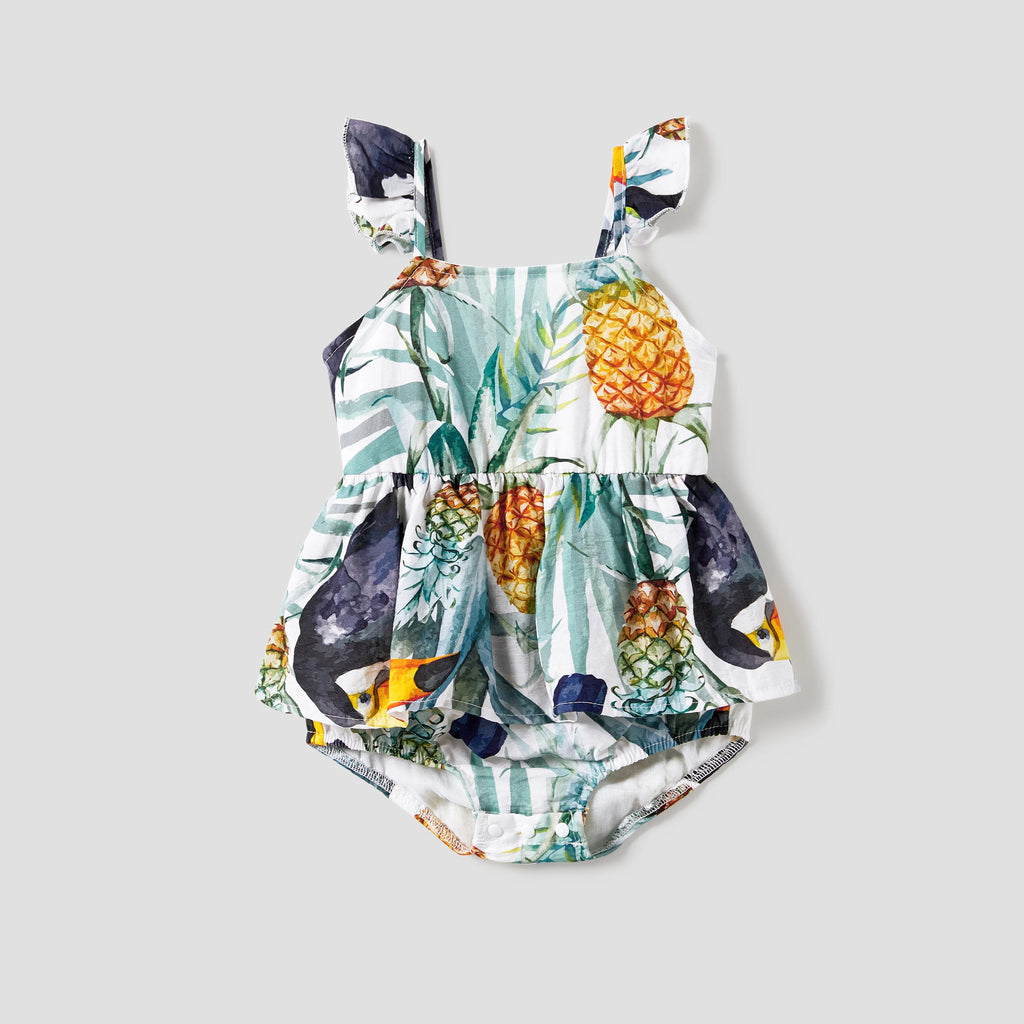 Family Matching T-Shirt and Floral Button Up Strap Dress