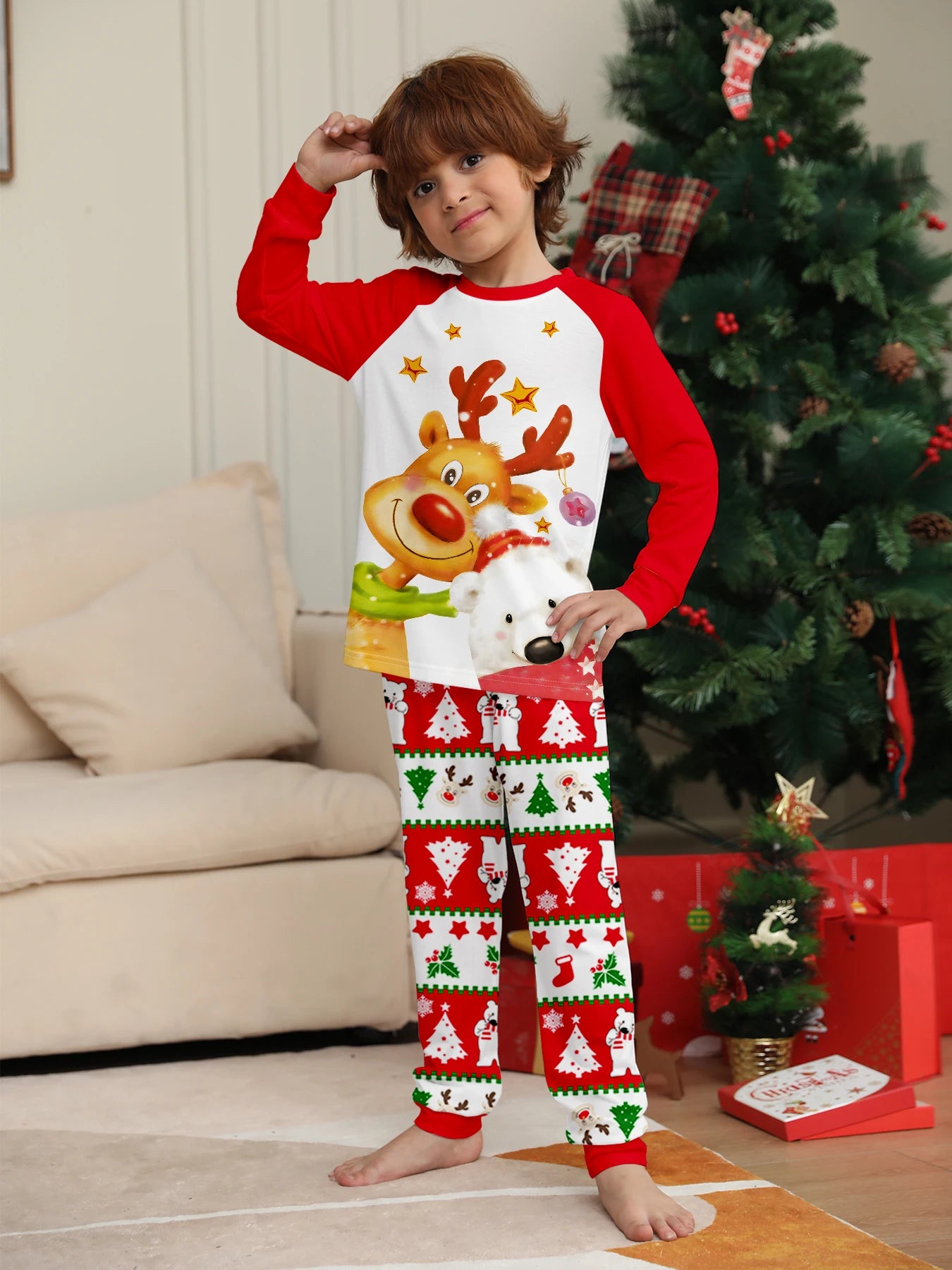 Christmas Family Matching Pajamas Set with Reindeer & Polar Bear Prints