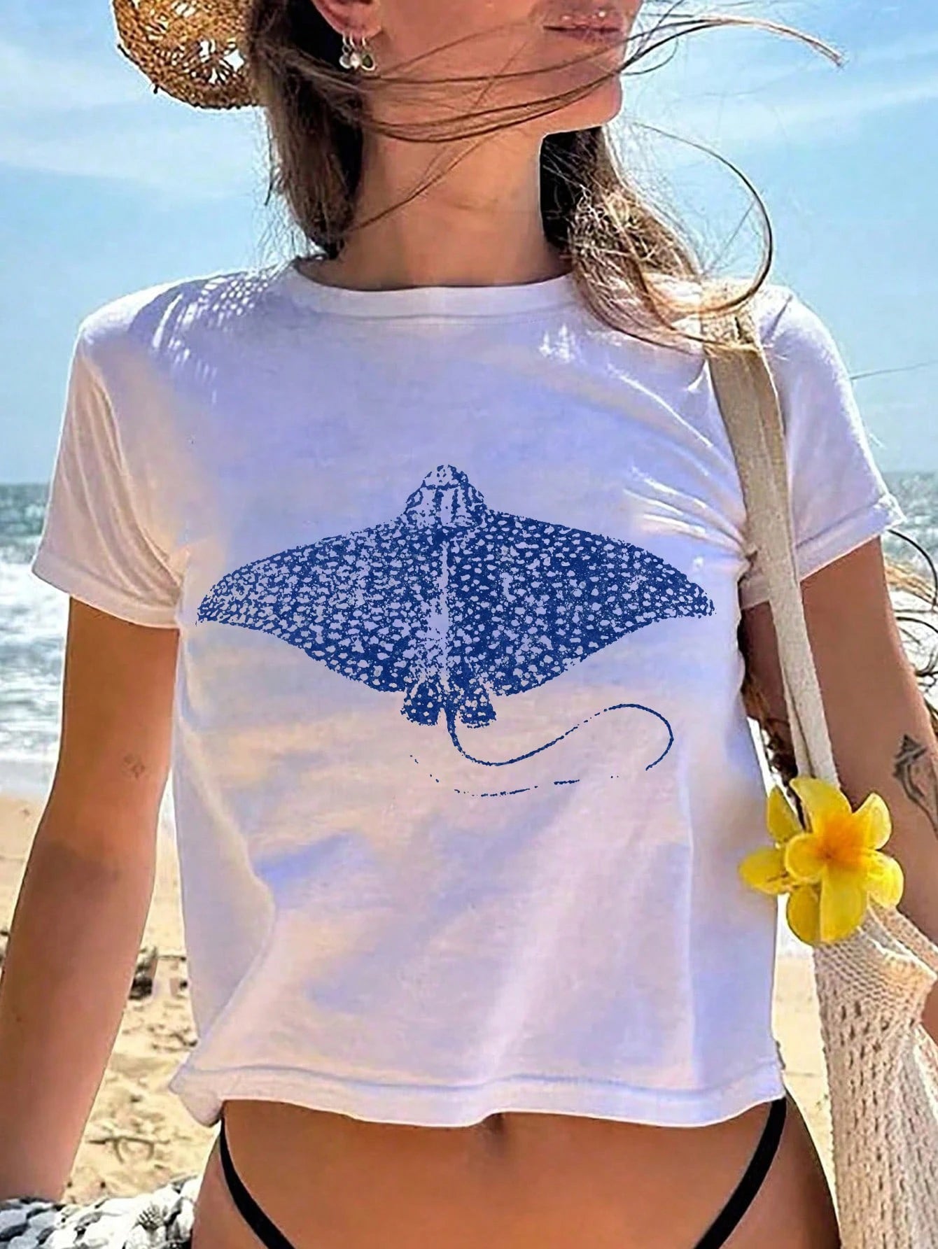 Women's Blue Manta Ray Graphic Tee Beach Wear
