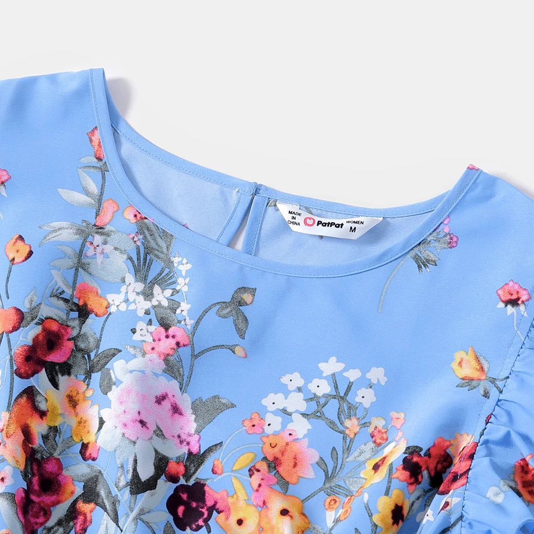 Matching Floral Print Midi Dresses and Striped Short-sleeve shirt Sets