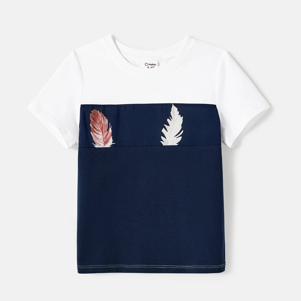 Matching Feather Print Belted Cami Dresses and Short-sleeve Tee Sets