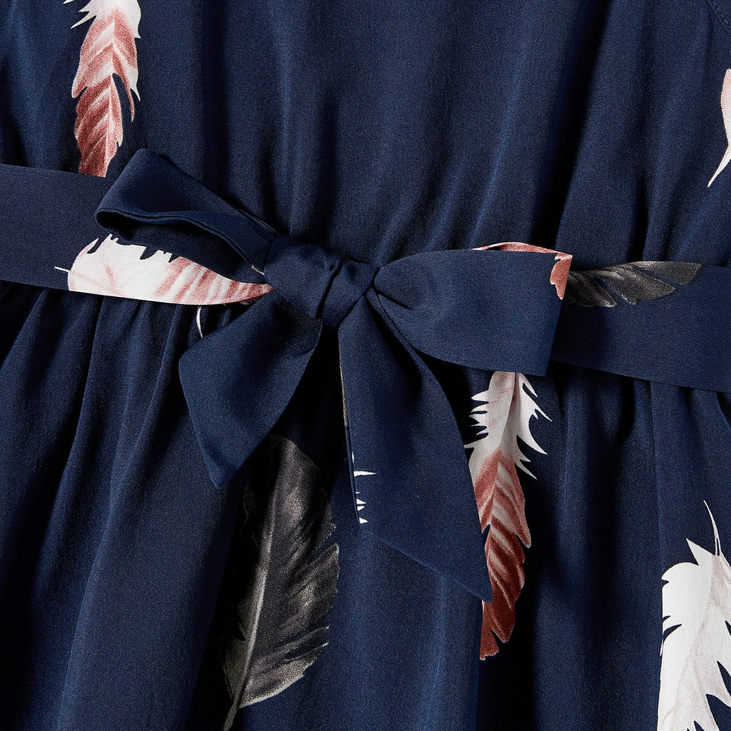 Matching Feather Print Belted Cami Dresses and Short-sleeve Tee Sets