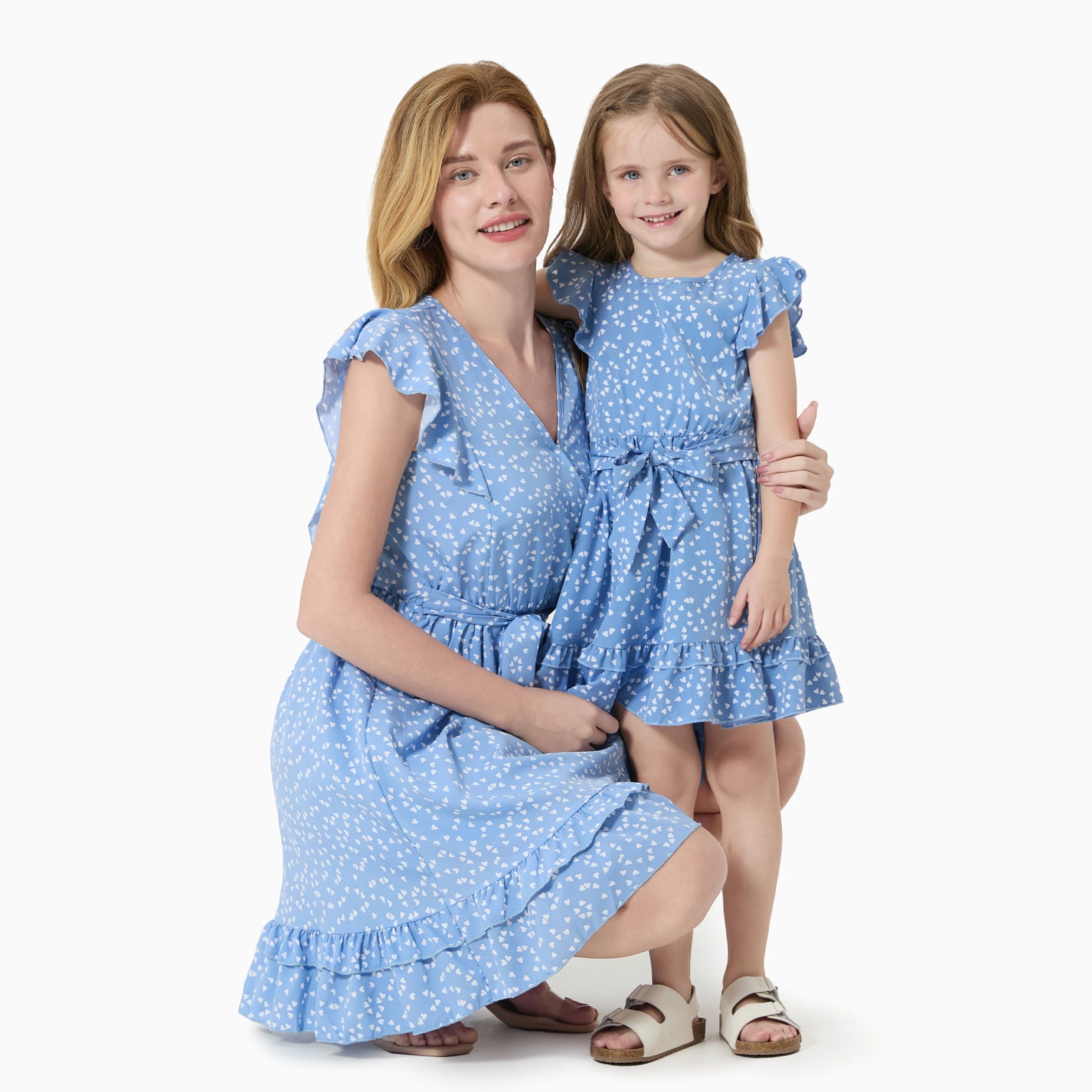 100% Cotton Matching Mother-Daughter Dot Print Ruffle Wrap Dress Set