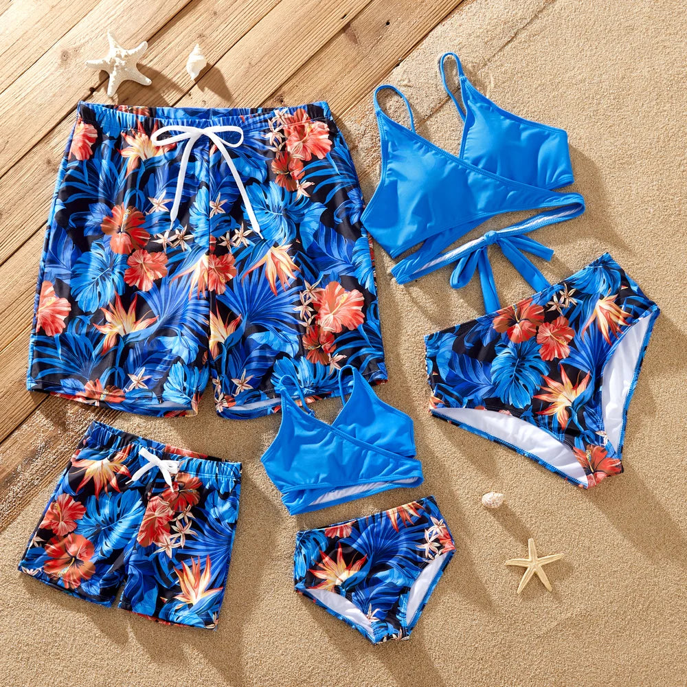 Family Matching Tropical Swim Trunks and Two-piece Bikini