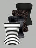 4-Pack Women's Strapless Tube Tops - Striped, Polka Dot, Leopard, Solid Black