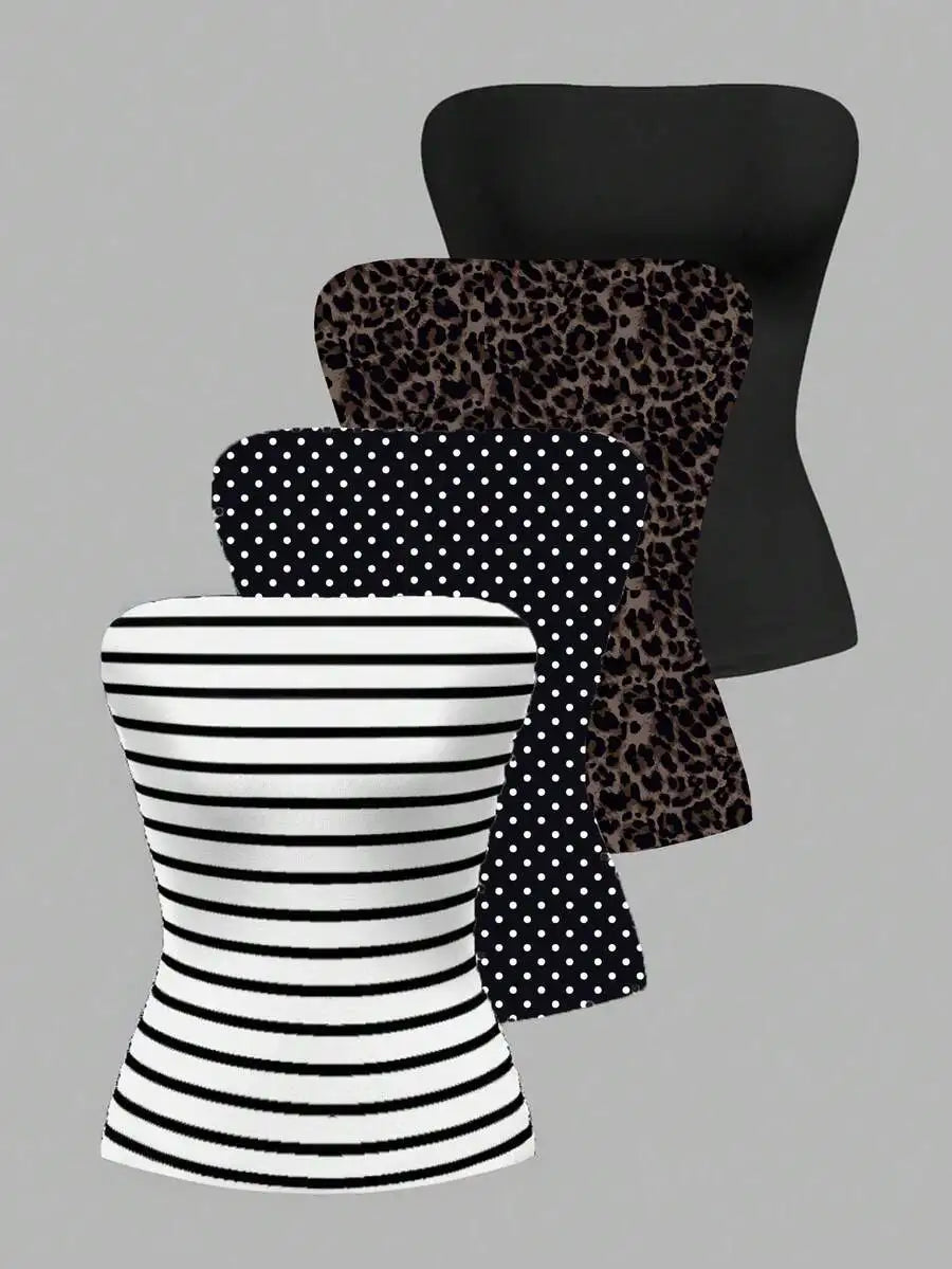 4-Pack Women's Strapless Tube Tops - Striped, Polka Dot, Leopard, Solid Black
