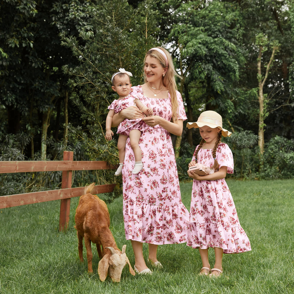 Matching Pink Floral Square Neck Dress - Mother Daughter Toddler Girl Outfit