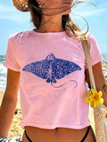 Women's Blue Manta Ray Graphic Tee Beach Wear