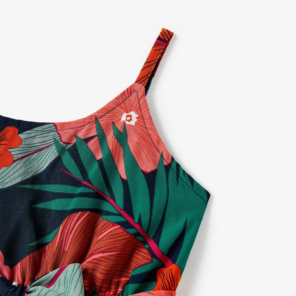 Family Matching Floral Black tee and V-neck Strap Dress