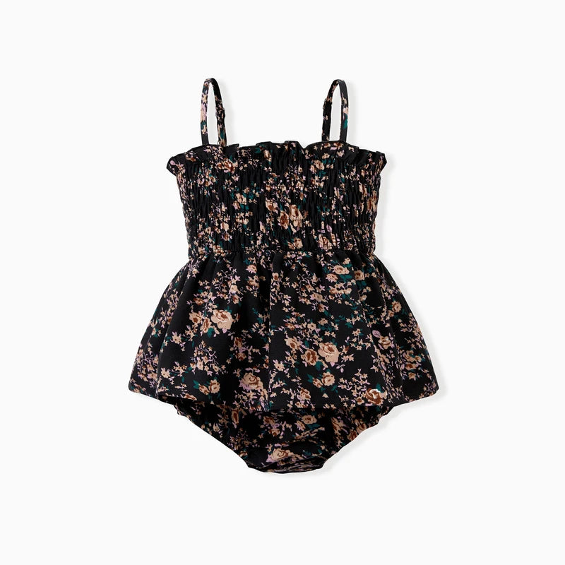 Matching Black Floral Shirred Off Shoulder Family Dresses