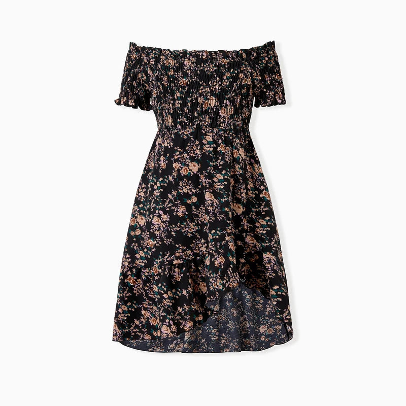 Matching Black Floral Shirred Off Shoulder Family Dresses