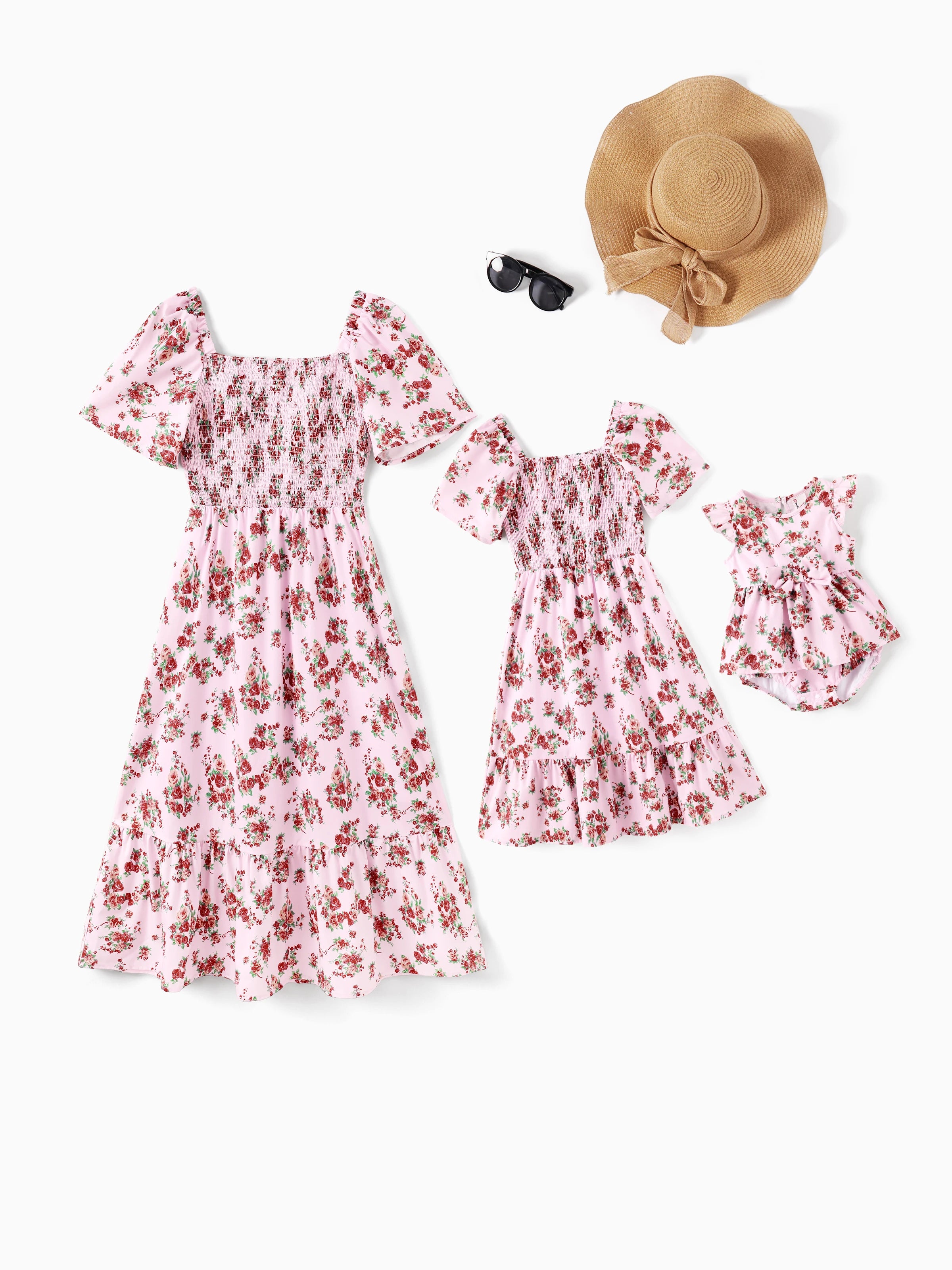 Matching Pink Floral Square Neck Dress - Mother Daughter Toddler Girl Outfit