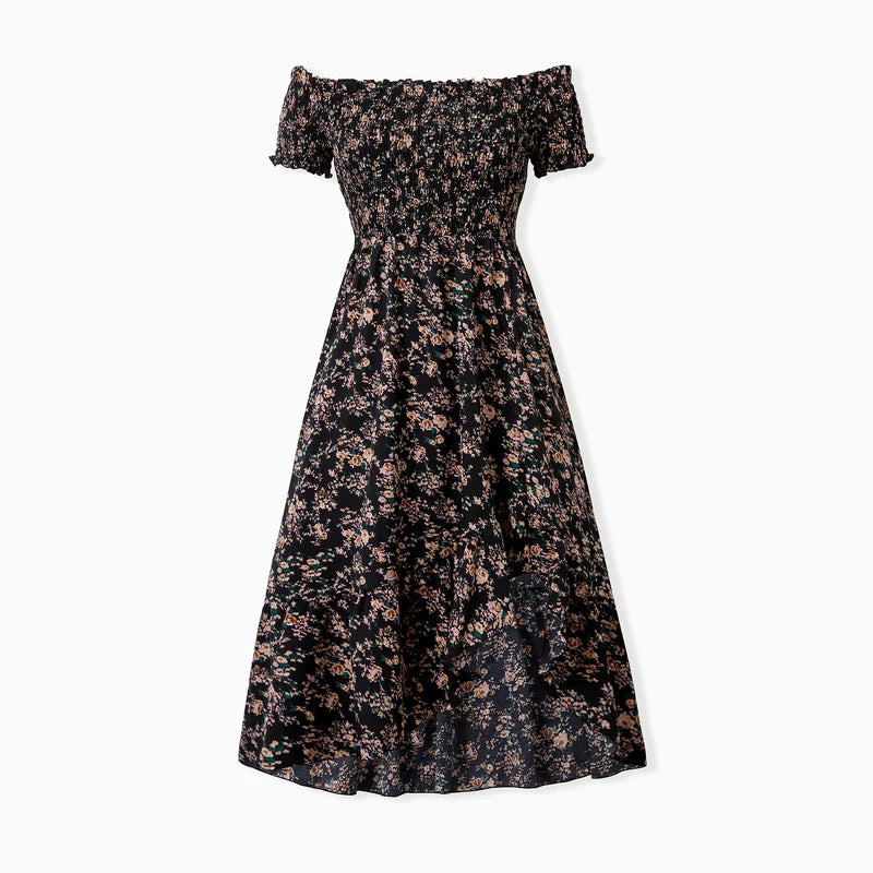Matching Black Floral Shirred Off Shoulder Family Dresses
