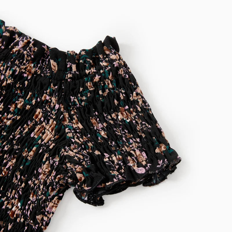 Matching Black Floral Shirred Off Shoulder Family Dresses