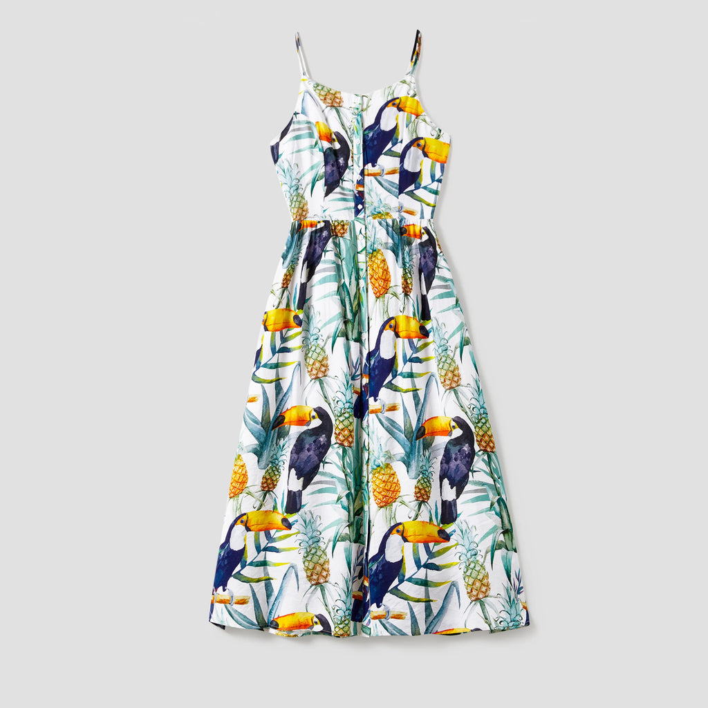 Family Matching T-Shirt and Floral Button Up Strap Dress