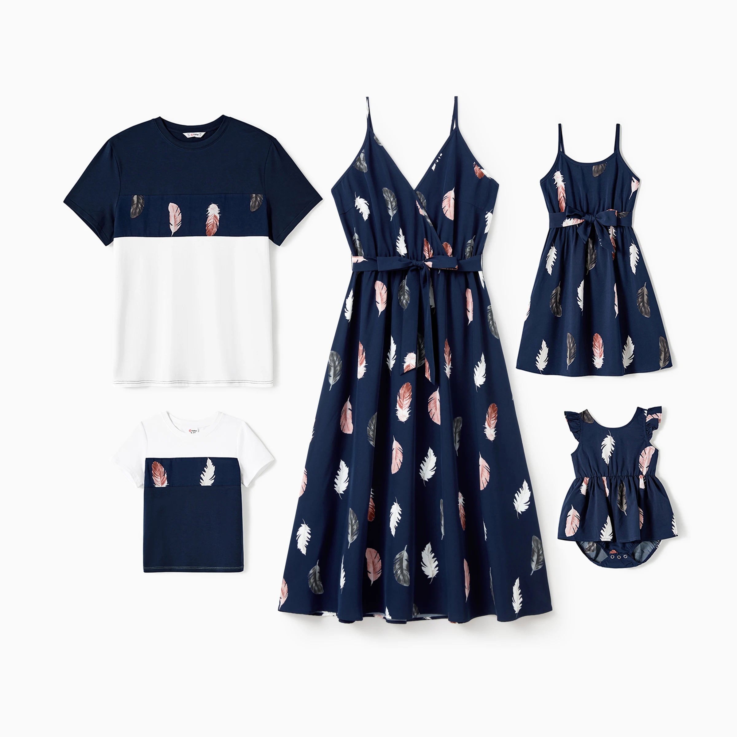 Matching Feather Print Belted Cami Dresses and Short-sleeve Tee Sets