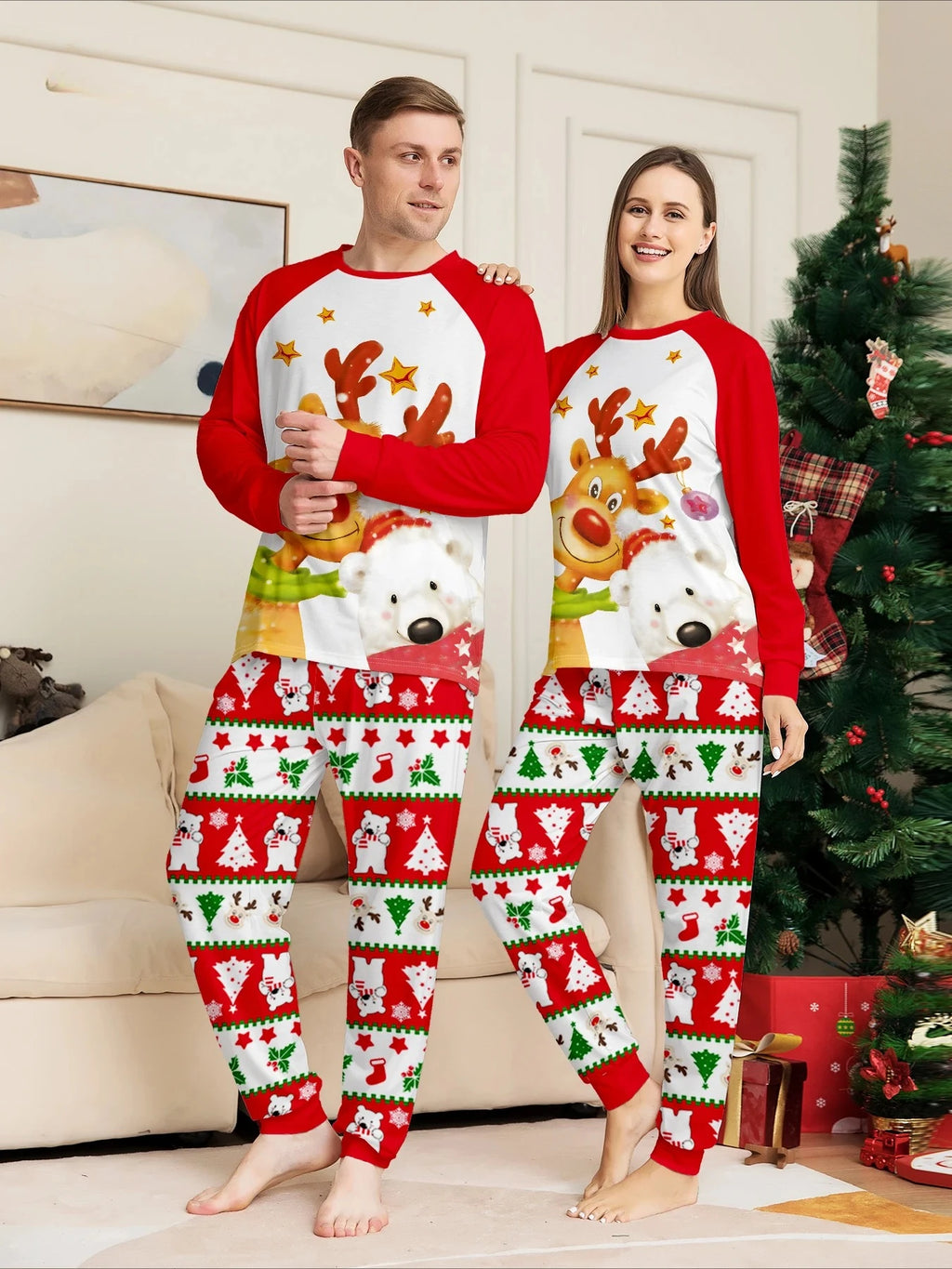 Christmas Family Matching Pajamas Set with Reindeer & Polar Bear Prints