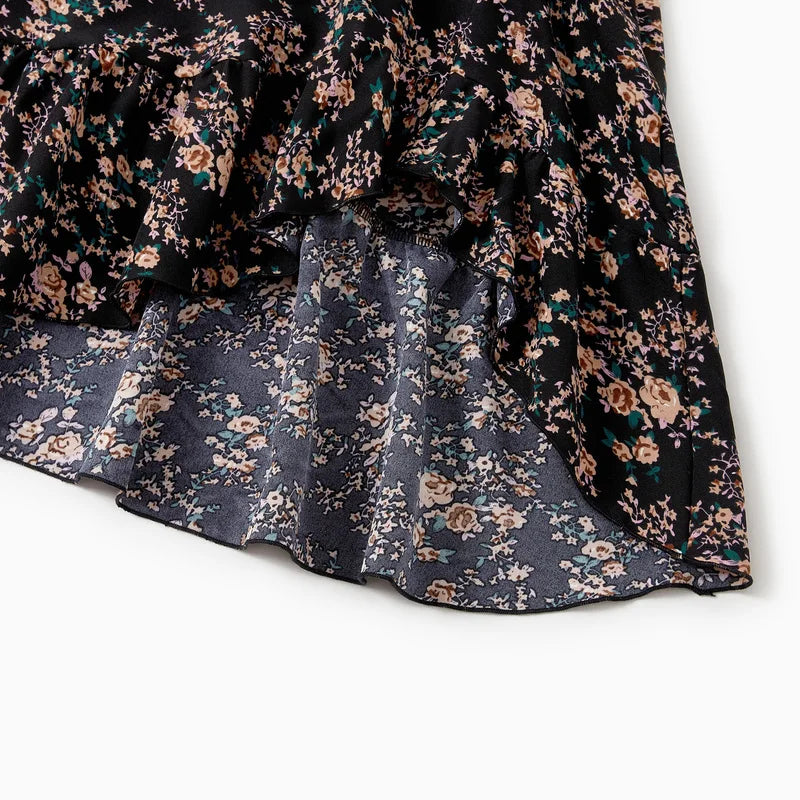 Matching Black Floral Shirred Off Shoulder Family Dresses