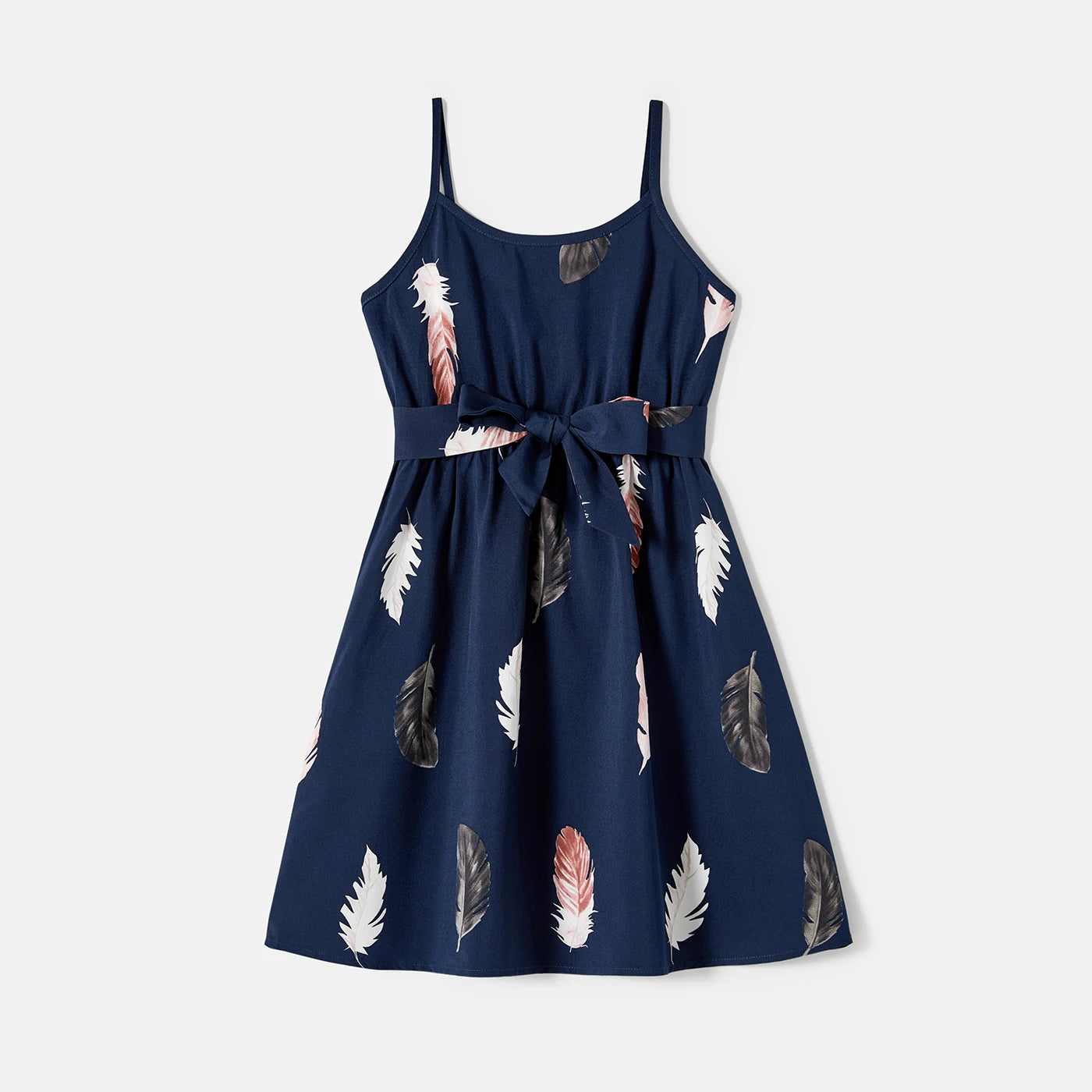 Matching Feather Print Belted Cami Dresses and Short-sleeve Tee Sets