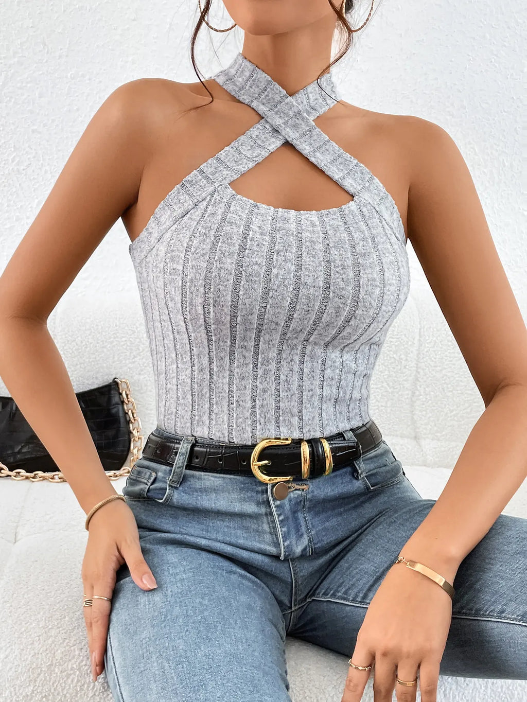Women's Knitted Halter Top with Cross Straps
