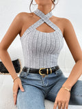 Women's Knitted Halter Top with Cross Straps