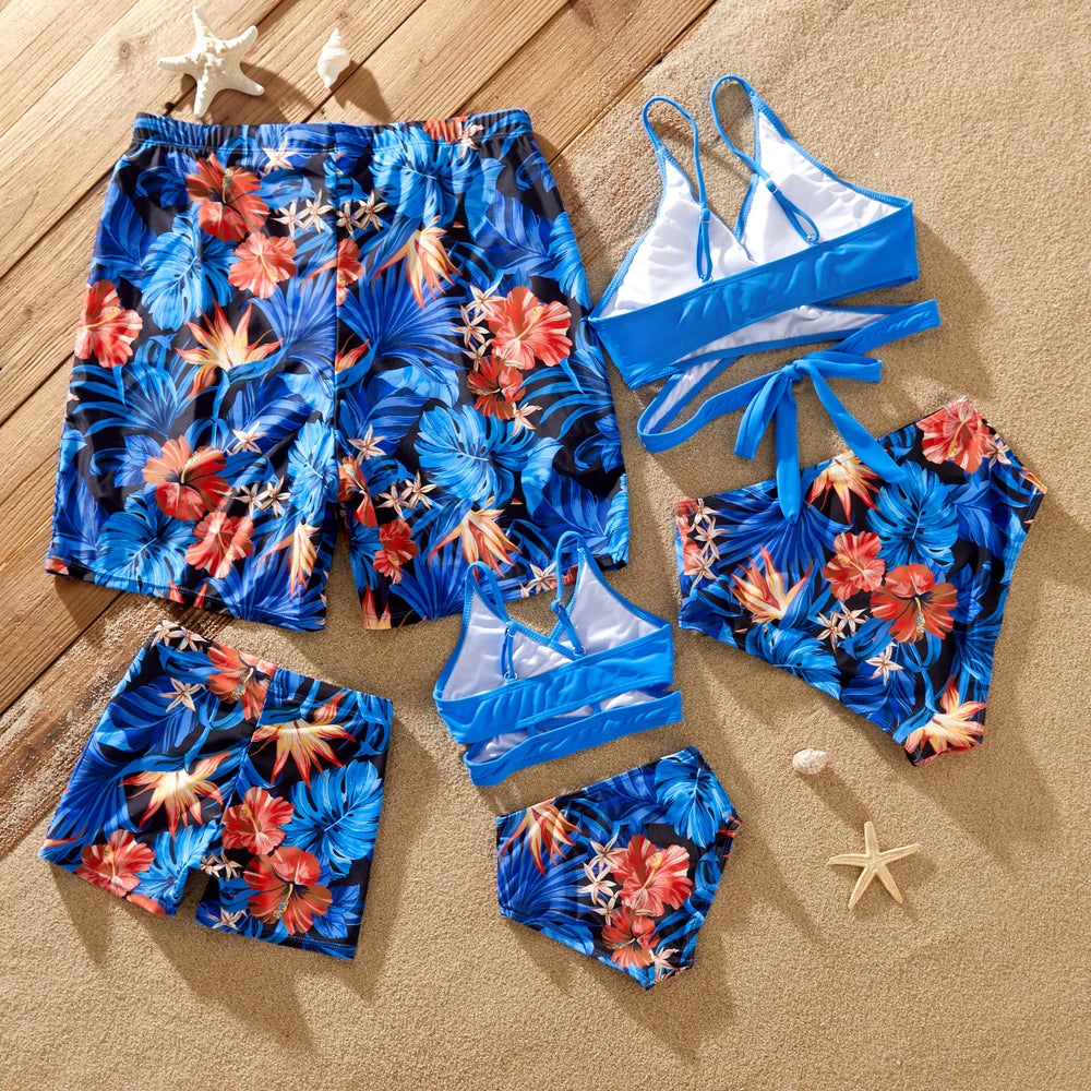 Family Matching Tropical Swim Trunks and Two-piece Bikini
