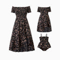 Matching Black Floral Shirred Off Shoulder Family Dresses
