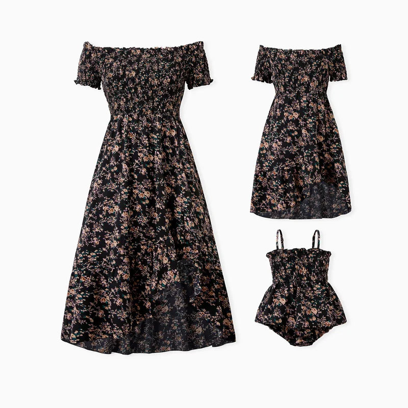 Matching Black Floral Shirred Off Shoulder Family Dresses