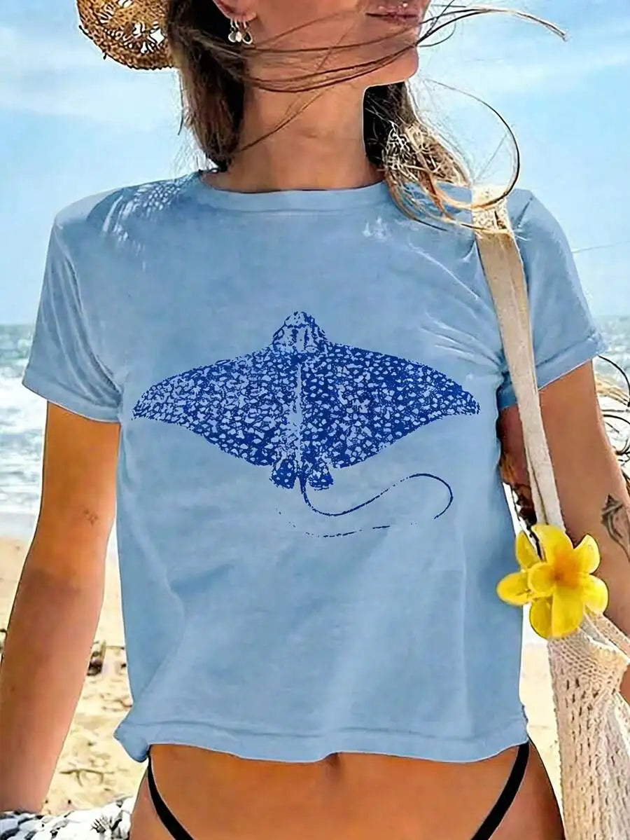 Women's Blue Manta Ray Graphic Tee Beach Wear