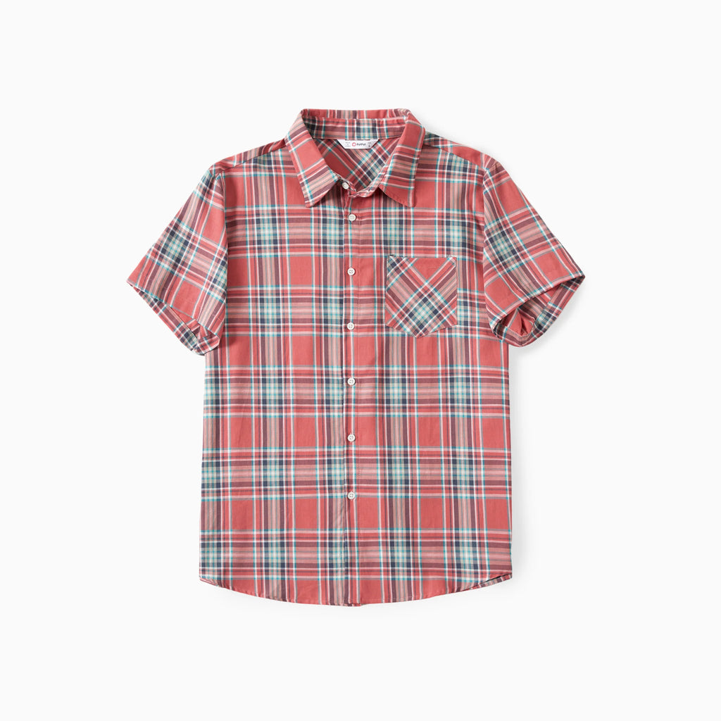 Matching Plaid Shirt and Pink Cotton Shirred Flutter Strap Dress Sets