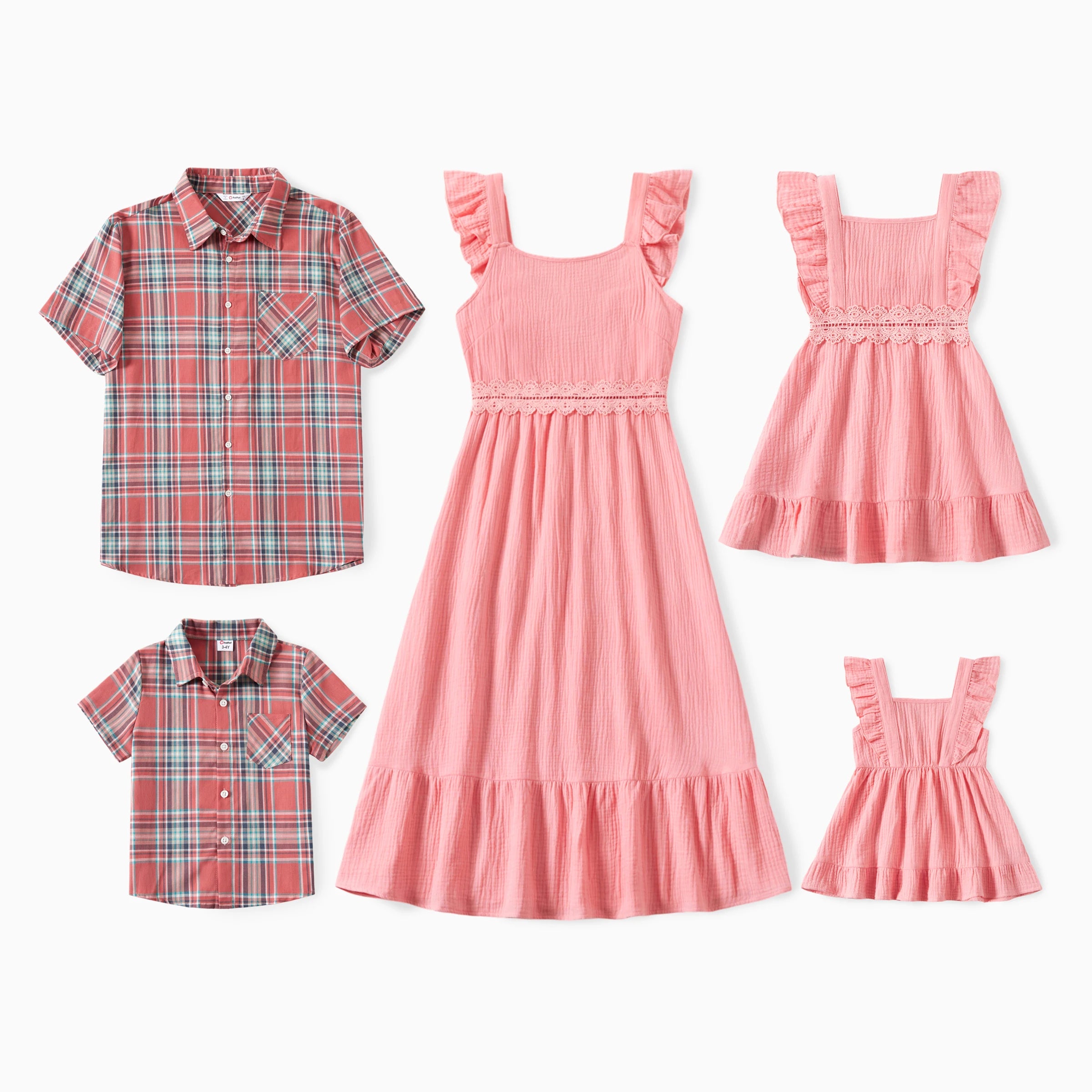 Matching Plaid Shirt and Pink Cotton Shirred Flutter Strap Dress Sets